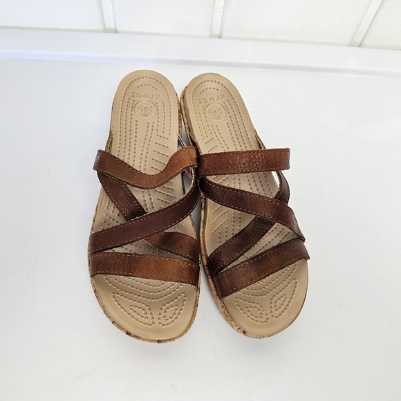 Crocs Aleigh Brown Leather Strappy Cork Platform Wedge Slip On Sandals sz 6W - Picture 3 of 11